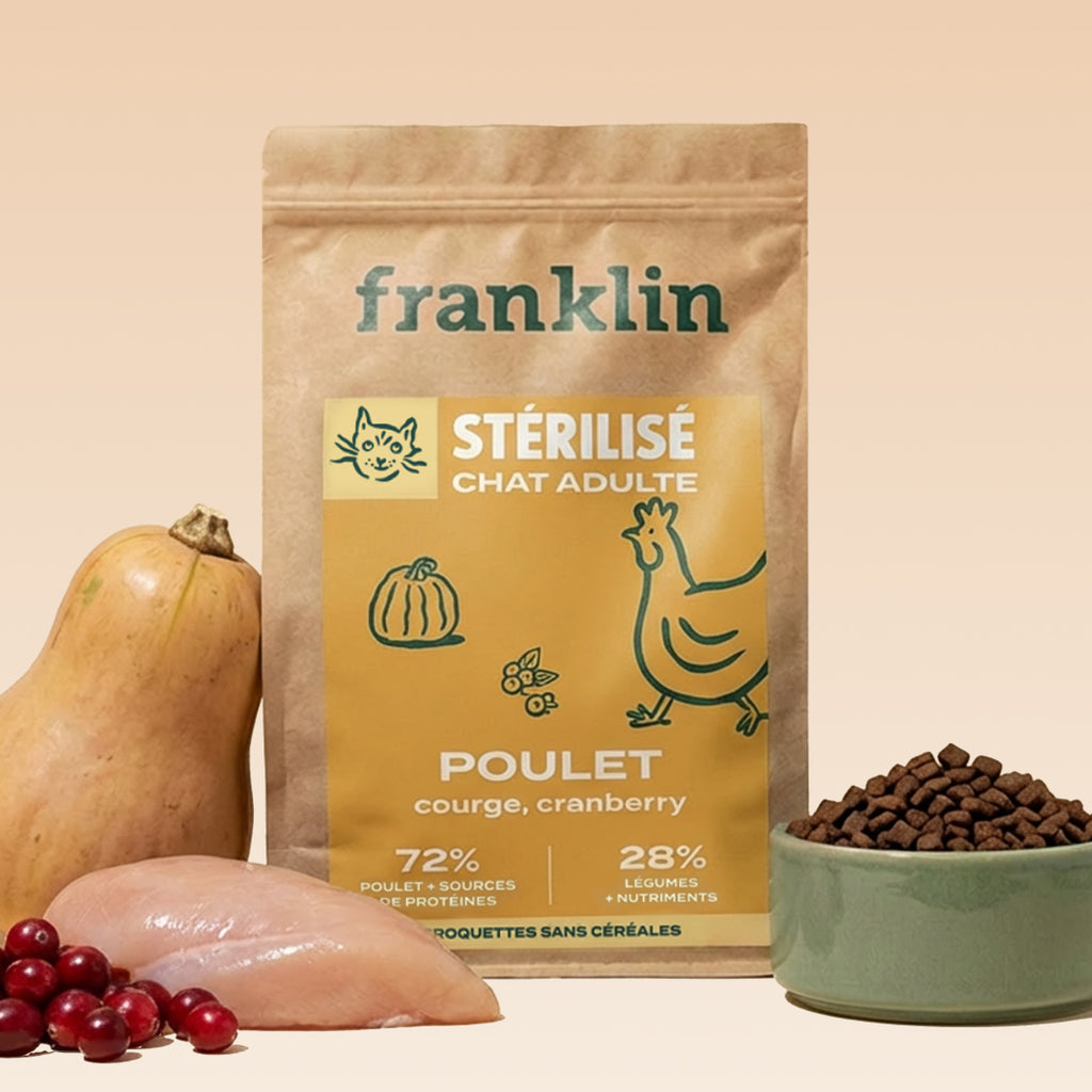 Packaging Franklin Poulet, courge, cranberry · chat stérilisé